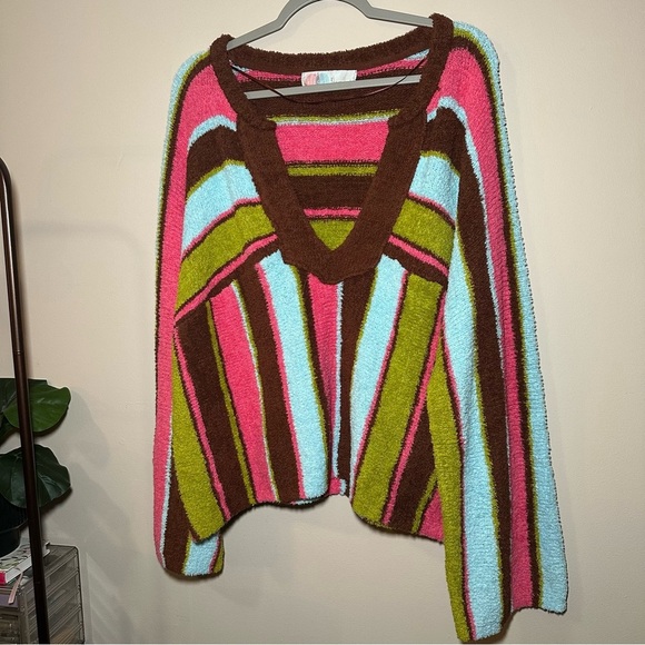 Free People FP Beach Thora Sweater Colorful Striped V-Neck Sweater Size Large - Picture 4 of 16